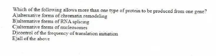 Which of the following allows more than one type of protein to be produced from one gene?
A)alternative forms of chromatin remodeling
B)alternative forms of RNA splicing
C)alternative forms of nucleosomes
D)control of the frequency of translation initiation
E)all of the above