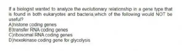 If a biologist wanted to analyze the evolutionary relationship in a gene type that is found in both eukaryotes and bacteria,which of the following would NOT be useful?
A)histone coding genes
B)transfer RNA coding genes
C)ribosomal RNA coding genes
D)hexokinase coding gene for glycolysis