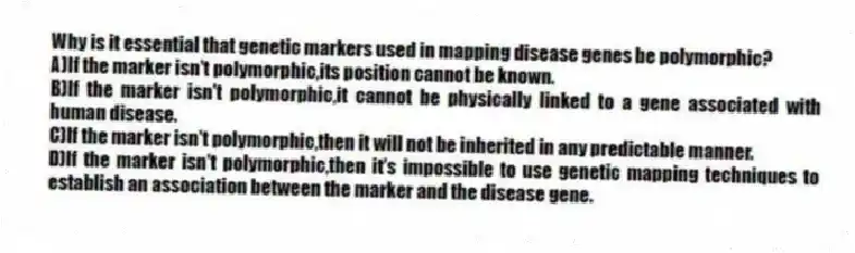 Why is it essential that genetic markers used in mapping disease genes be polymorphic?
A)If the marker isn't polymorphic,its position cannot be known.
B)If the marker isn't polymorphic,it cannot be physically linked to a gene associated with human disease.
C)If the marker isn't polymorphic,then it will not be inherited in any predictable manner.
D)If the marker isn't polymorphic,then it's impossible to use genetic mapping techniques to establish an association between the marker and the disease gene.