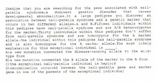 Imagine that you are searching for the gene associated with nail-patella syndrome,a dominant genetic disorder that causes developmental abnormalities.In a large pedigree you discover an association between nail-patella syndrome and a genetic marker that occurs in two different alleles,A and B.Fifteen individuals within this pedigree have nail-patella syndrome and are A/B heterozygotes for the marker.Thirty individuals within this pedigree don't suffer from nail-patella syndrome and are homozygous for the A marker allele.One individual within this pedigree has nail-patella syndrome and is also homozygous for the A marker allele.The most likely explanation for this exceptional individual is _____.
A)a new mutation converted the disease-causing allele to the wild-type form
B)a new mutation converted the B allele of the marker to the A form
C)the exceptional nail-patella individual is haploid
D)recombination occurred between the nail-patella gene and marker gene in one of the parents of the exceptional individual