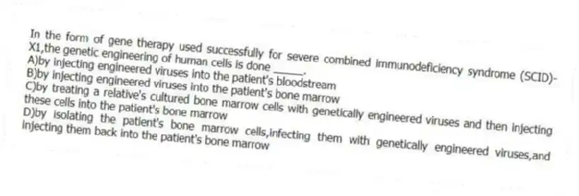 In the form of gene therapy used successfully for severe combined immunodeficiency syndrome (SCID)-X1,the genetic engineering of human cells is done _____.
A)by injecting engineered viruses into the patient's bloodstream
B)by injecting engineered viruses into the patient's bone marrow
C)by treating a relative's cultured bone marrow cells with genetically engineered viruses and then injecting these cells into the patient's bone marrow
D)by isolating the patient's bone marrow cells,infecting them with genetically engineered viruses,and injecting them back into the patient's bone marrow
