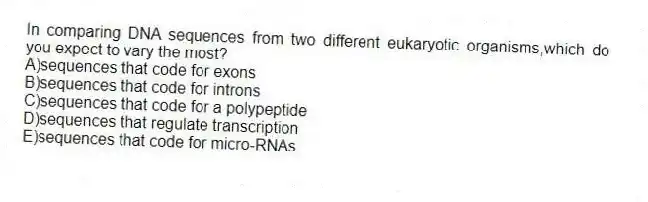 In comparing DNA sequences from two different eukaryotic organisms,which do you expect to vary the most?
A)sequences that code for exons
B)sequences that code for introns
C)sequences that code for a polypeptide
D)sequences that regulate transcription
E)sequences that code for micro-RNAs