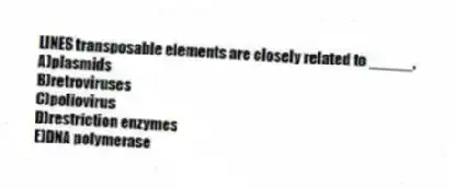 LINES transposable elements are closely related to _____.
A)plasmids
B)retroviruses
C)poliovirus
D)restriction enzymes
E)DNA polymerase