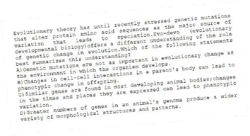 Evolutionary theory has until recently stressed genetic mutations that alter protein amino acid sequences as the major source of variation that leads to speciation.Evo-devo (evolutionary developmental biology)offers a different understanding of the role of genetic change in evolution.Which of the following statements best summarizes this understanding?
A)Genetic mutations are not as important in evolutionary change as the environment in which the organism develops.
B)Changes in cell-cell interactions in a parent's body can lead to phenotypic change in offspring.
C)Similar genes are found in most developing animal bodies;changes in the times and places they are expressed can lead to phenotypic variation.
D)Greater numbers of genes in an animal's genome produce a wider variety of morphological structures and patterns.