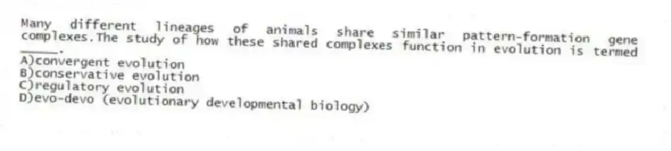 Many different lineages of animals share similar pattern-formation gene complexes.The study of how these shared complexes function in evolution is termed _____.
A)convergent evolution
B)conservative evolution
C)regulatory evolution
D)evo-devo (evolutionary developmental biology)