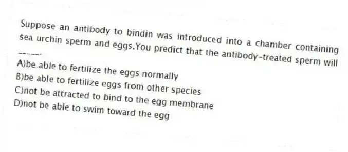 Suppose an antibody to bindin was introduced into a chamber containing sea urchin sperm and eggs.You predict that the antibody-treated sperm will _____.
A)be able to fertilize the eggs normally
B)be able to fertilize eggs from other species
C)not be attracted to bind to the egg membrane
D)not be able to swim toward the egg