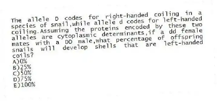 The allele D codes for right-handed coiling in a species of snail,while allele d codes for left-handed coiling.Assuming the proteins encoded by these two alleles are cytoplasmic determinants,if a dd female mates with a DD male,what percentage of offspring snails will develop shells that are left-handed coils?
A)0%
B)25%
C)50%
D)75%
E)100%