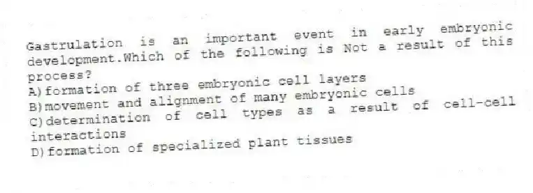 Gastrulation is an important event in early embryonic development.Which of the following is Not a result of this process?
A)formation of three embryonic cell layers
B)movement and alignment of many embryonic cells
C)determination of cell types as a result of cell-cell interactions
D)formation of specialized plant tissues