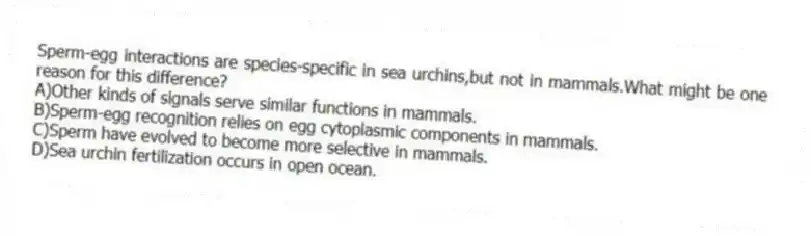 Sperm-egg interactions are species-specific in sea urchins,but not in mammals.What might be one reason for this difference?
A)Other kinds of signals serve similar functions in mammals.
B)Sperm-egg recognition relies on egg cytoplasmic components in mammals.
C)Sperm have evolved to become more selective in mammals.
D)Sea urchin fertilization occurs in open ocean.
