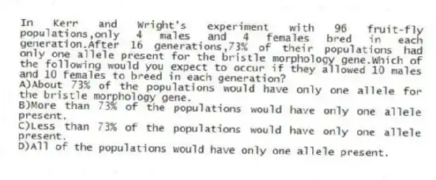 In Kerr and Wright's experiment with 96 fruit-fly populations,only 4 males and 4 females bred in each generation.After 16 generations,73% of their populations had only one allele present for the bristle morphology gene.Which of the following would you expect to occur if they allowed 10 males and 10 females to breed in each generation?
A)About 73% of the populations would have only one allele for the bristle morphology gene.
B)More than 73% of the populations would have only one allele present.
C)Less than 73% of the populations would have only one allele present.
D)All of the populations would have only one allele present.