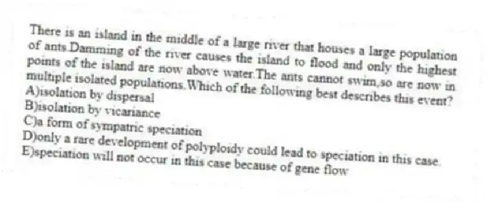 There is an island in the middle of a large river that houses a large population of ants.Damming of the river causes the island to flood and only the highest points of the island are now above water.The ants cannot swim,so are now in multiple isolated populations.Which of the following best describes this event?
A)isolation by dispersal
B)isolation by vicariance
C)a form of sympatric speciation
D)only a rare development of polyploidy could lead to speciation in this case.
E)speciation will not occur in this case because of gene flow