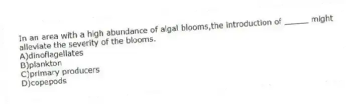 In an area with a high abundance of algal blooms,the introduction of _____ might alleviate the severity of the blooms.
A)dinoflagellates
B)plankton
C)primary producers
D)copepods