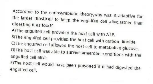 According to the endosymbiotic theory,why was it adaptive for the larger (host)cell to keep the engulfed cell alive,rather than digesting it as food?
A)The engulfed cell provided the host cell with ATP.
B)The engulfed cell provided the host cell with carbon dioxide.
C)The engulfed cell allowed the host cell to metabolize glucose.
D)The host cell was able to survive anaerobic conditions with the engulfed cell alive.
E)The host cell would have been poisoned if it had digested the engulfed cell.