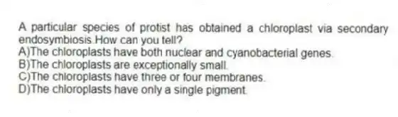 A particular species of protist has obtained a chloroplast via secondary endosymbiosis.How can you tell?
A)The chloroplasts have both nuclear and cyanobacterial genes.
B)The chloroplasts are exceptionally small.
C)The chloroplasts have three or four membranes.
D)The chloroplasts have only a single pigment.