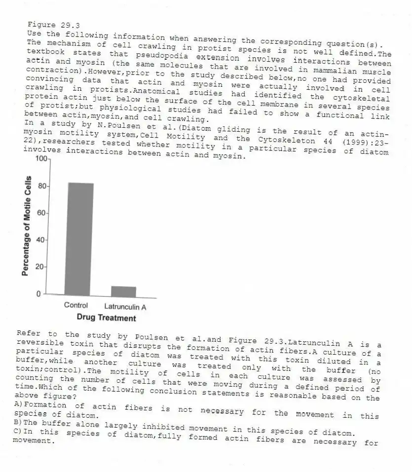 Figure 29.3
Use the following information when answering the corresponding question(s).
The mechanism of cell crawling in protist species is not well defined.The textbook states that pseudopodia extension involves interactions between actin and myosin (the same molecules that are involved in mammalian muscle contraction).However,prior to the study described below,no one had provided convincing data that actin and myosin were actually involved in cell crawling in protists.Anatomical studies had identified the cytoskeletal protein actin just below the surface of the cell membrane in several species of protist;but physiological studies had failed to show a functional link between actin,myosin,and cell crawling.
In a study by N.Poulsen et al.(Diatom gliding is the result of an actin-myosin motility system,Cell Motility and the Cytoskeleton 44 (1999):23-22),researchers tested whether motility in a particular species of diatom involves interactions between actin and myosin.
-Refer to the study by Poulsen et al.and Figure 29.3.Latrunculin A is a reversible toxin that disrupts the formation of actin fibers.A culture of a particular species of diatom was treated with this toxin diluted in a buffer,while another culture was treated only with the buffer (no toxin;control).The motility of cells in each culture was assessed by counting the number of cells that were moving during a defined period of time.Which of the following conclusion statements is reasonable based on the above figure?
A)Formation of actin fibers is not necessary for the movement in this species of diatom.
B)The buffer alone largely inhibited movement in this species of diatom.
C)In this species of diatom,fully formed actin fibers are necessary for movement.