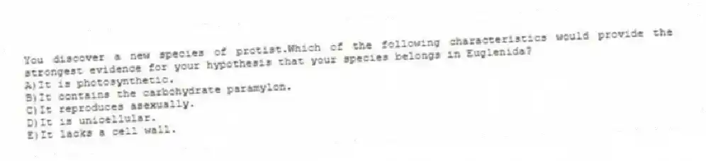 You discover a new species of protist.Which of the following characteristics would provide the strongest evidence for your hypothesis that your species belongs in Euglenida?
A)It is photosynthetic.
B)It contains the carbohydrate paramylon.
C)It reproduces asexually.
D)It is unicellular.
E)It lacks a cell wall.
