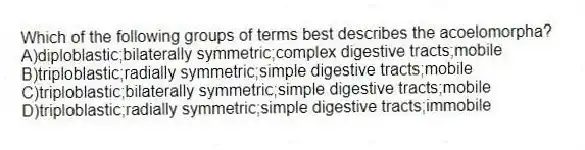Which of the following groups of terms best describes the acoelomorpha?
A)diploblastic;bilaterally symmetric;complex digestive tracts;mobile
B)triploblastic;radially symmetric;simple digestive tracts;mobile
C)triploblastic;bilaterally symmetric;simple digestive tracts;mobile
D)triploblastic;radially symmetric;simple digestive tracts;immobile