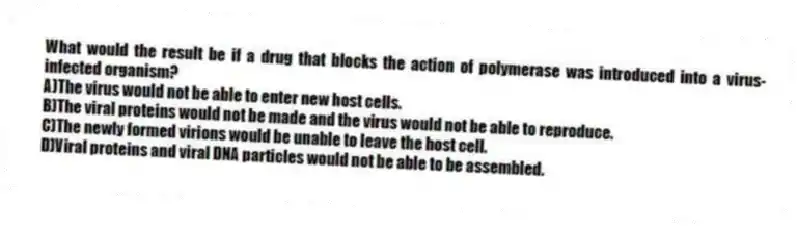 What would the result be if a drug that blocks the action of polymerase was introduced into a virus-infected organism?
A)The virus would not be able to enter new host cells.
B)The viral proteins would not be made and the virus would not be able to reproduce.
C)The newly formed virions would be unable to leave the host cell.
D)Viral proteins and viral DNA particles would not be able to be assembled.