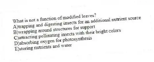 What is not a function of modified leaves?
A)trapping and digesting insects for an additional nutrient source
B)wrapping around structures for support
C)attracting pollinating insects with their bright colors
D)absorbing oxygen for photosynthesis
E)storing nutrients and water