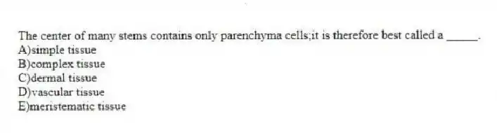 The center of many stems contains only parenchyma cells;it is therefore best called a _____.
A)simple tissue
B)complex tissue
C)dermal tissue
D)vascular tissue
E)meristematic tissue