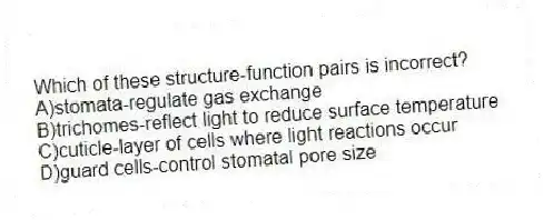 Which of these structure-function pairs is incorrect?
A)stomata-regulate gas exchange
B)trichomes-reflect light to reduce surface temperature
C)cuticle-layer of cells where light reactions occur
D)guard cells-control stomatal pore size