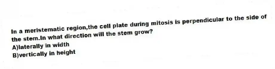 In a meristematic region,the cell plate during mitosis is perpendicular to the side of the stem.In what direction will the stem grow?
A)laterally in width
B)vertically in height