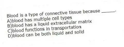 Blood is a type of connective tissue because _____.
A)blood has multiple cell types
B)blood has a liquid extracellular matrix
C)blood functions in transportation
D)blood can be both liquid and solid