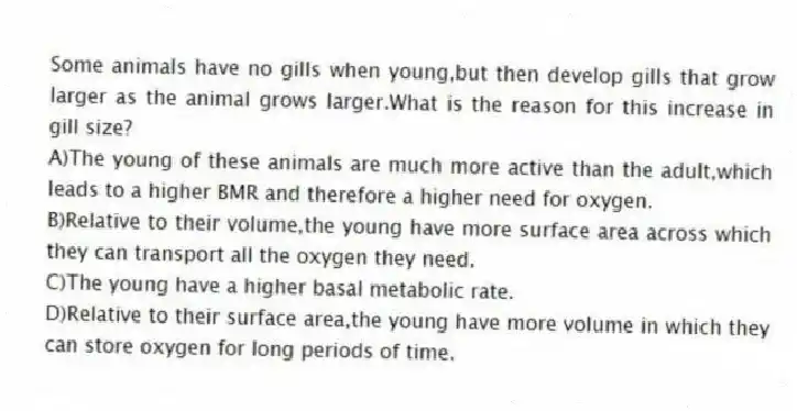 Some animals have no gills when young,but then develop gills that grow larger as the animal grows larger.What is the reason for this increase in gill size?
A)The young of these animals are much more active than the adult,which leads to a higher BMR and therefore a higher need for oxygen.
B)Relative to their volume,the young have more surface area across which they can transport all the oxygen they need.
C)The young have a higher basal metabolic rate.
D)Relative to their surface area,the young have more volume in which they can store oxygen for long periods of time.