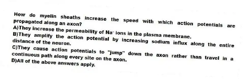 How do myelin sheaths increase the speed with which action potentials are propagated along an axon?
A)They increase the permeability of Na⁺ ions in the plasma membrane.
B)They amplify the action potential by increasing sodium influx along the entire distance of the neuron.
C)They cause action potentials to "jump" down the axon rather than travel in a continuous path along every site on the axon.
D)All of the above answers apply.