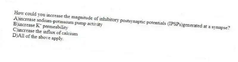 How could you increase the magnitude of inhibitory postsynaptic potentials (IPSPs)generated at a synapse?
A)increase sodium-potassium pump activity
B)increase K⁺ permeability
C)increase the influx of calcium
D)All of the above apply.