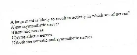 A large meal is likely to result in activity in which set of nerves?
A)parasympathetic nerves
B)somatic nerves
C)sympathetic nerves
D)both the somatic and sympathetic nerves