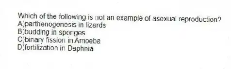 Which of the following is not an example of asexual reproduction?
A)parthenogenesis in lizards
B)budding in sponges
C)binary fission in Amoeba
D)fertilization in Daphnia