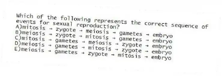 Which of the following represents the correct sequence of events for sexual reproduction?
A)mitosis → zygote → meiosis → gametes → embryo
B)meiosis → zygote → mitosis → gametes → embryo
C)mitosis → gametes → meiosis → zygote → embryo
D)meiosis → gametes → mitosis → zygote → embryo
E)meiosis → gametes → zygote → mitosis → embryo