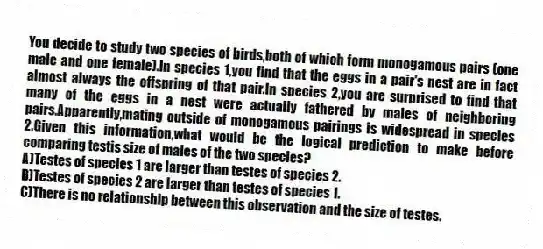 You decide to study two species of birds,both of which form monogamous pairs (one male and one female).In species 1,you find that the eggs in a pair's nest are in fact almost always the offspring of that pair.In species 2,you are surprised to find that many of the eggs in a nest were actually fathered by males of neighboring pairs.Apparently,mating outside of monogamous pairings is widespread in species 2.Given this information,what would be the logical prediction to make before comparing testis size of males of the two species?
A)Testes of species 1 are larger than testes of species 2.
B)Testes of species 2 are larger than testes of species 1.
C)There is no relationship between this observation and the size of testes.