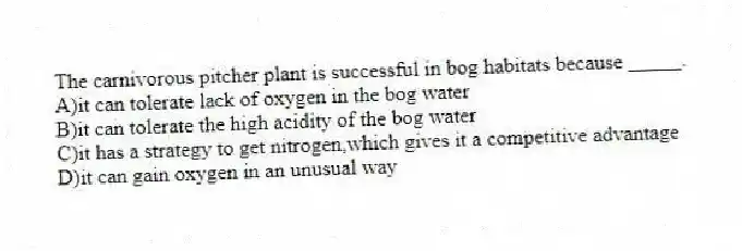 The carnivorous pitcher plant is successful in bog habitats because _____.
A)it can tolerate lack of oxygen in the bog water
B)it can tolerate the high acidity of the bog water
C)it has a strategy to get nitrogen,which gives it a competitive advantage
D)it can gain oxygen in an unusual way