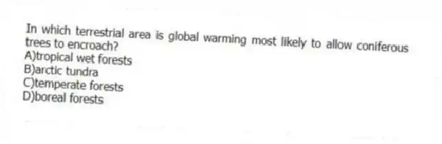 In which terrestrial area is global warming most likely to allow coniferous trees to encroach?
A)tropical wet forests
B)arctic tundra
C)temperate forests
D)boreal forests