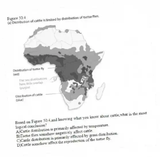 Figure 50.4
-Based on Figure 50.4,and knowing what you know about cattle,what is the most logical conclusion?
A)Cattle distribution is primarily affected by temperature.
B)Tsetse flies somehow negatively affect cattle.
C)Cattle distribution is primarily affected by grass distribution.
D)Cattle somehow affect the reproduction of the tsetse fly.