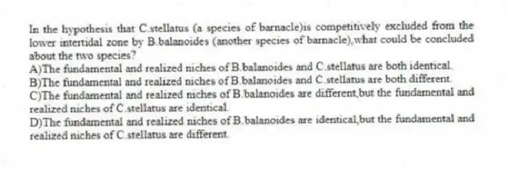 In the hypothesis that C.stellatus (a species of barnacle)is competitively excluded from the lower intertidal zone by B.balanoides (another species of barnacle),what could be concluded about the two species?
A)The fundamental and realized niches of B.balanoides and C.stellatus are both identical.
B)The fundamental and realized niches of B.balanoides and C.stellatus are both different.
C)The fundamental and realized niches of B.balanoides are different,but the fundamental and realized niches of C.stellatus are identical.
D)The fundamental and realized niches of B.balanoides are identical,but the fundamental and realized niches of C.stellatus are different.