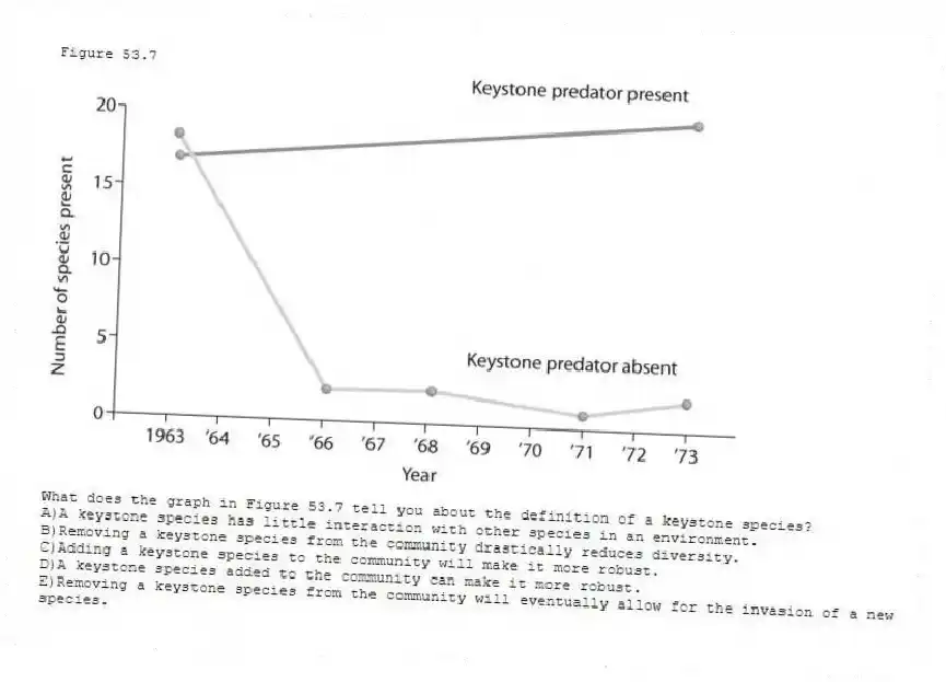 Figure 53.7
-What does the graph in Figure 53.7 tell you about the definition of a keystone species?
A)A keystone species has little interaction with other species in an environment.
B)Removing a keystone species from the community drastically reduces diversity.
C)Adding a keystone species to the community will make it more robust.
D)A keystone species added to the community can make it more robust.
E)Removing a keystone species from the community will eventually allow for the invasion of a new species.