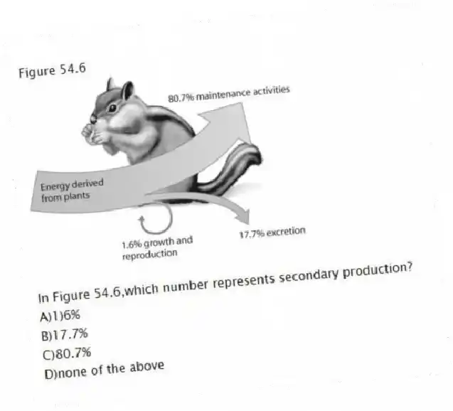 Figure 54.6 
-In Figure 54.6,which number represents secondary production?
A)1)6% 
B)17.7% 
C)80.7% 
D)none of the above
