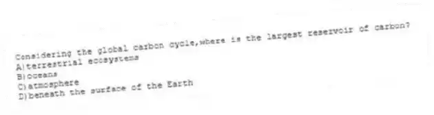 Considering the global carbon cycle,where is the largest reservoir of carbon?
A)terrestrial ecosystems
B)oceans
C)atmosphere
D)beneath the surface of the Earth