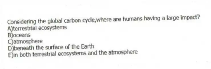 Considering the global carbon cycle,where are humans having a large impact?
A)terrestrial ecosystems
B)oceans
C)atmosphere
D)beneath the surface of the Earth
E)in both terrestrial ecosystems and the atmosphere