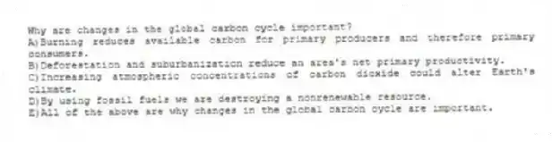 Why are changes in the global carbon cycle important?
A)Burning reduces available carbon for primary producers and therefore primary consumers.
B)Deforestation and suburbanization reduce an area's net primary productivity.
C)Increasing atmospheric concentrations of carbon dioxide could alter Earth's climate.
D)By using fossil fuels we are destroying a nonrenewable resource.
E)All of the above are why changes in the global carbon cycle are important.