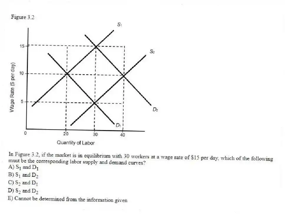 Figure 3.2
-In Figure 3.2, if the market is in equilibrium with 30 workers at a wage rate of $15 per day, which of the following must be the corresponding labor supply and demand curves?
A) S<sub>1</sub> and D<sub>1</sub>
B) S<sub>1</sub> and D<sub>2</sub>
C) S<sub>2</sub> and D<sub>1</sub>
D) S<sub>2</sub> and D<sub>2</sub>
E) Cannot be determined from the information given