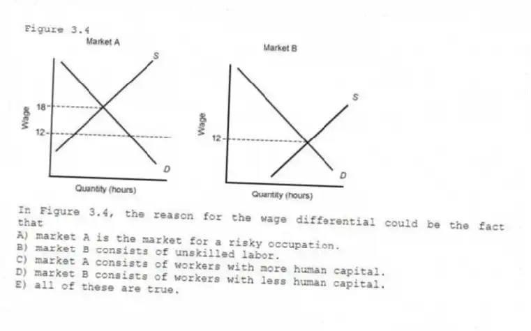 Figure 3.4
-In Figure 3.4, the reason for the wage differential could be the fact that
A) market A is the market for a risky occupation.
B) market B consists of unskilled labor.
C) market A consists of workers with more human capital.
D) market B consists of workers with less human capital.
E) all of these are true.