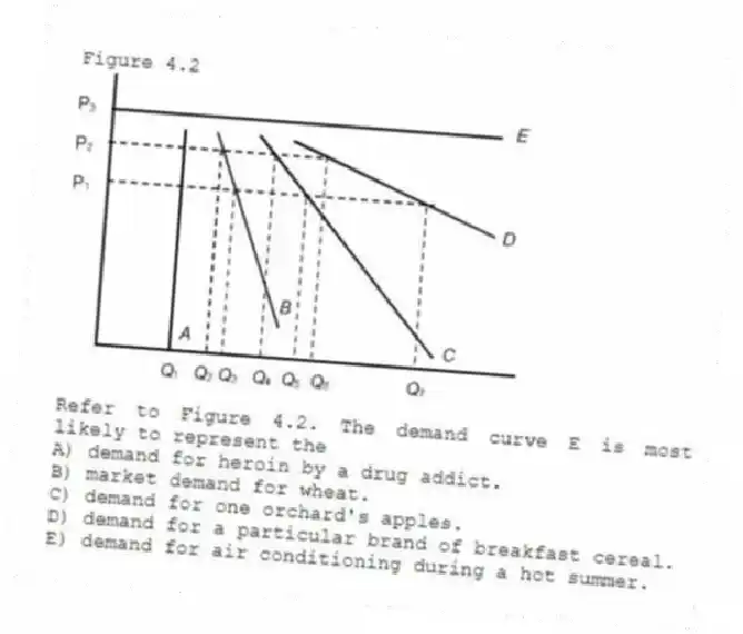 Figure 4.2
-Refer to Figure 4.2. The demand curve E is most likely to represent the
A) demand for heroin by a drug addict.
B) market demand for wheat.
C) demand for one orchard's apples.
D) demand for a particular brand of breakfast cereal.
E) demand for air conditioning during a hot summer.