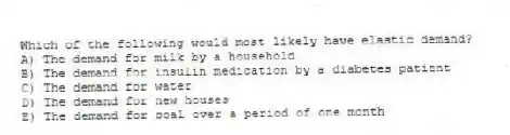 Which of the following would most likely have elastic demand?
A) The demand for milk by a household
B) The demand for insulin medication by a diabetes patient
C) The demand for water
D) The demand for new houses
E) The demand for coal over a period of one month
