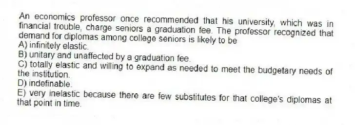 An economics professor once recommended that his university, which was in financial trouble, charge seniors a graduation fee. The professor recognized that demand for diplomas among college seniors is likely to be
A) infinitely elastic.
B) unitary and unaffected by a graduation fee.
C) totally elastic and willing to expand as needed to meet the budgetary needs of the institution.
D) indefinable.
E) very inelastic because there are few substitutes for that college's diplomas at that point in time.