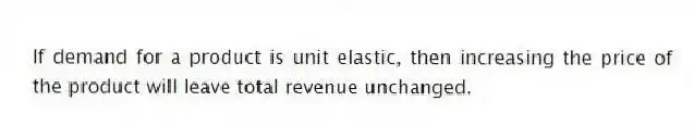 If demand for a product is unit elastic, then increasing the price of the product will leave total revenue unchanged.