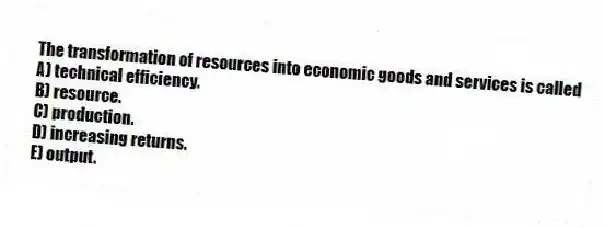 The transformation of resources into economic goods and services is called
A) technical efficiency.
B) resource.
C) production.
D) increasing returns.
E) output.